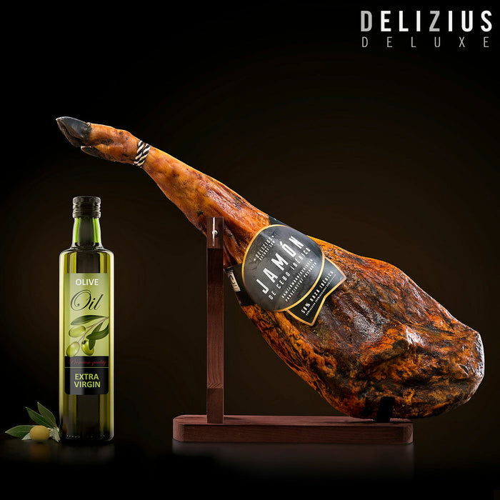 Set di Prosciutto Iberico di Cebo, Olio d’Oliva e Porta Prosciutto Delizius Deluxe